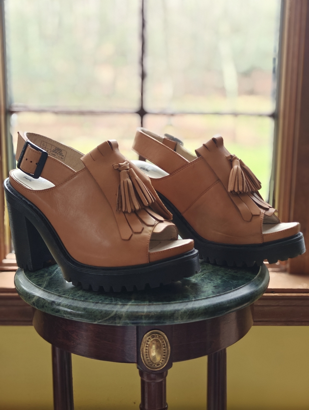 Dr. Martens "SARAPHINA" Tan Tassel Slingback Platform Heels with Black Lug Sole